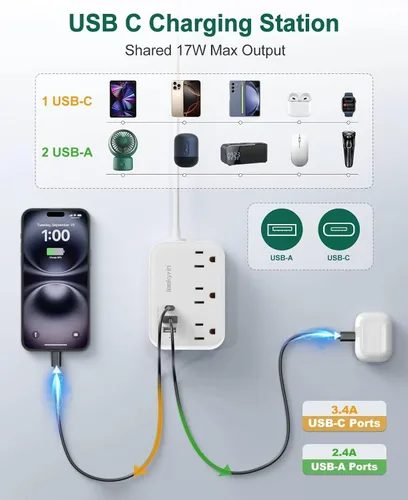Miniatura 3 de Adaptador de enchufe de viaje europeo, regleta de corriente de EE. UU. a Reino Unido Europa para UE/RU/EE. UU. con USB C, 3 puertos USB 3 tomas