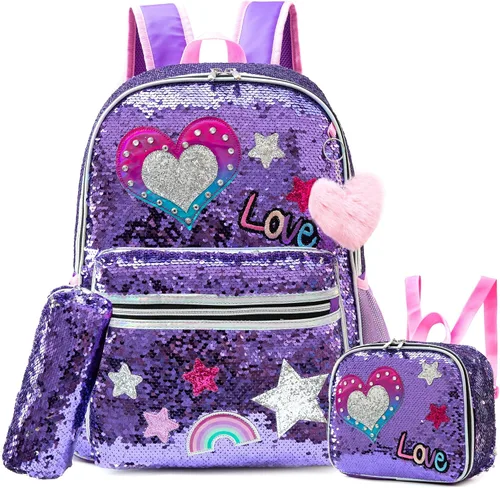 Miniatura 19 de Mochila para niñas de 16 pulgadas, mochilas para niñas para la escuela, mochila de lentejuelas con lonchera para estudiantes de primaria