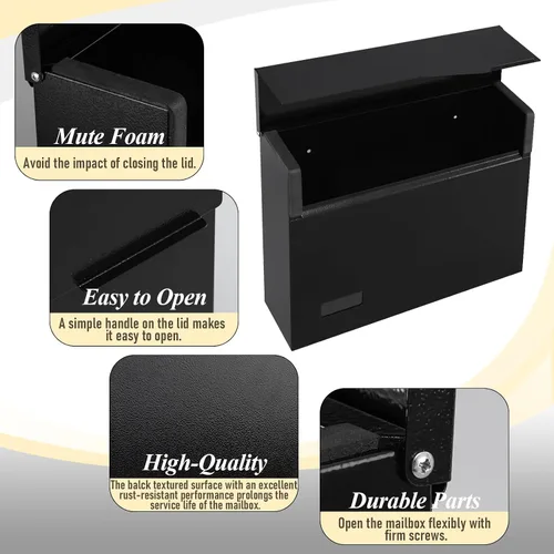 Miniatura 4 de xydled Buzón de correo de montaje en pared para exterior, buzón de metal colgante de acero de gran capacidad, buzón moderno, negro, 14.6 x 12.2 x