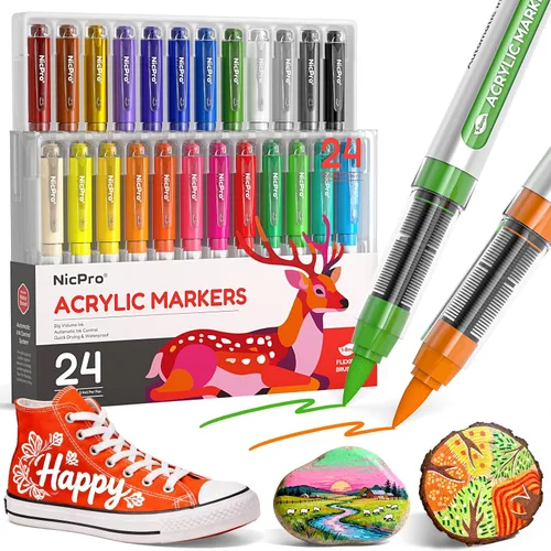 Nicpro Marcadores de pintura acrílica de 24 colores con punta de pincel, marcadores de pintura a base de agua que no se corren con control