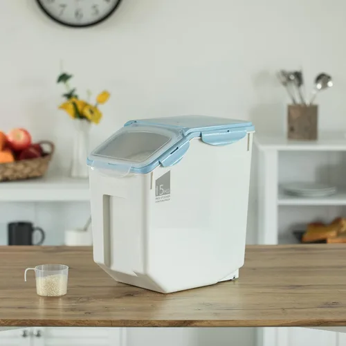 Miniatura 3 de Basicwise QI004138L.2 - Juego de 2 recipientes de plástico blanco para almacenar alimentos, con una taza medidora y ruedas, grande
