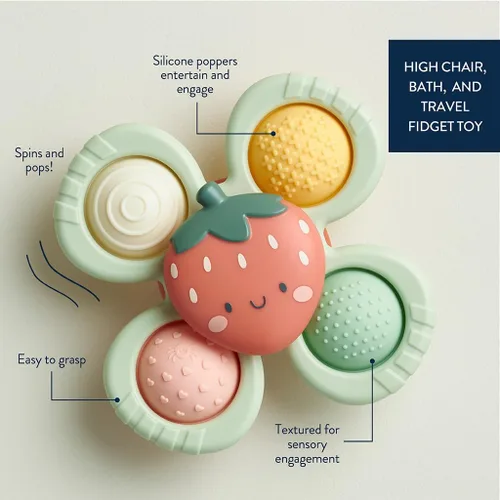 Miniatura 3 de Itzy Ritzy Pop & Whirl – Fidget Spinner Juguete de viaje y baño para bebés y niños pequeños – Fidget con juguete de silicona texturizada para Fresa