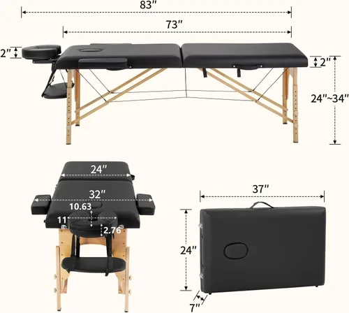 Miniatura 2 de Mesa de masaje portátil, cama de masaje para spa de altura ajustable, 77 pulgadas de largo x 28 pulgadas de ancho, plegable en 2, hecha