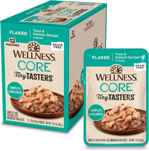 Wellness CORE Tiny Tasters - Alimento húmedo para gatos adultos, natural, rico en proteínas, sin granos, receta de atún y salmón, 1.75 onzas,