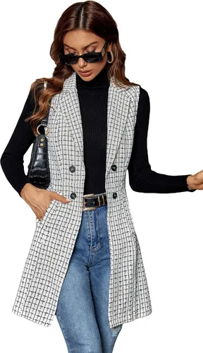 Miniatura 4 de GORGLITTER Chaqueta larga a cuadros de doble botonadura para mujer sin mangas chaqueta larga con bolsillos