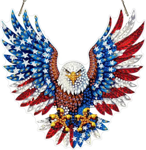 Miniatura 30 de MXJSUA Atrapasoles con pintura de diamante de águila calva americana, kits de arte de diamantes para adultos, adornos colgantes con cadena