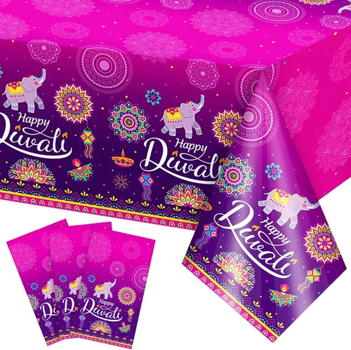 Miniatura 9 de Peryiter Happy Diwali Mantel desechable, mantel de plástico para mesas rectangulares, mantel Diwali para decoración de fiesta, celebración de luz