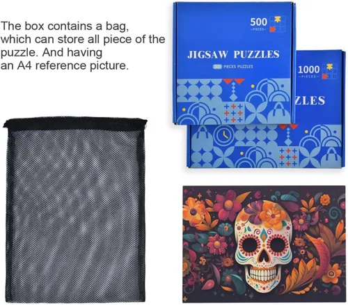 Miniatura 7 de Rompecabezas de calavera de azúcar mexicana, material compuesto de madera de papel Zcon bolsa de almacenamiento e imagen de referencia fácil