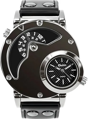 MJSCPHBJK Reloj de pulsera analógico único para hombre, sumergible, de moda, de vestir, de cuarzo, con dial doble, diseño genial, banda de cuero,