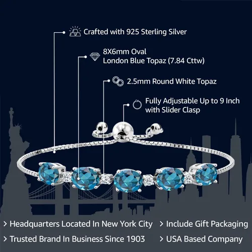 Miniatura 2 de Gem Stone King Pulsera de tenis de plata de ley 925 con topacio azul Londres y topacio blanco para mujer