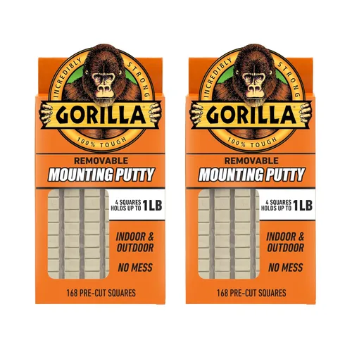 Gorilla Masilla de montaje, color bronceado natural, 168 cuadrados precortados (paquete de 2) - Masilla de pared no tóxica extraíble y reposicionable