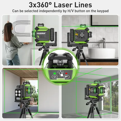 Miniatura 6 de Huepar Nivel láser 3 x 360 Láser autonivelante de línea cruzada Láser láser 3D verde con modo de pulso Herramienta láser de alineación con batería