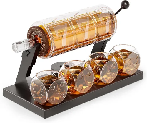 Kollea Juego de decantador de whisky con ranura para hombres, 50.7 onzas, estilo casino, decantador de whisky con 4 vasos de dados, regalos de