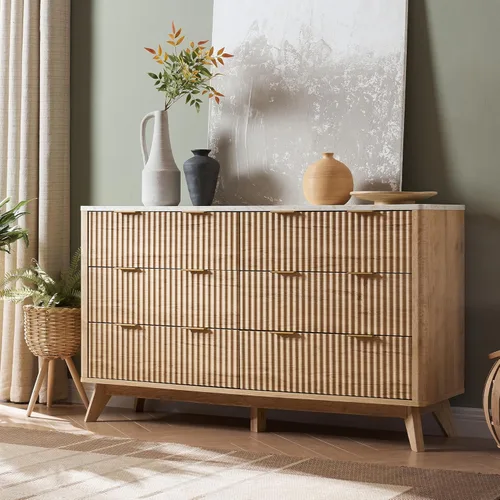 Miniatura 23 de T4TREAM Cómoda acanalada de 3 cajones, cómoda moderna de 32 pulgadas de alto, diseño de perfil curvo, organizador de cajones de madera para Aliso