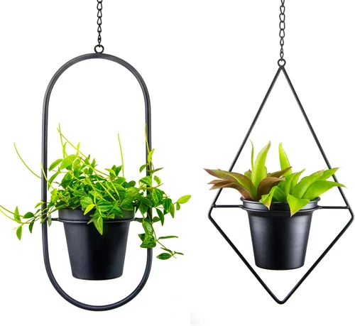 Miniatura 7 de Juego de 2 macetas colgantes modernas de metal, colgantes geométricos redondos y ovalados con macetas de 5 pulgadas, soportes negros para pared