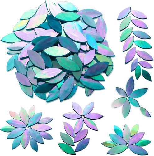 Miniatura 14 de Yoption 100 azulejos de mosaico de pétalos de vidrio iridiscente, cortados a mano, azulejos de mosaico de hojas de flores blancas para manualidades