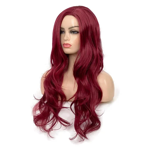Miniatura 3 de Pelucas largas rizadas y onduladas de color rojo vino para mujer, con parte lateral, aspecto natural, para cosplay, fibra sintética, resistente al