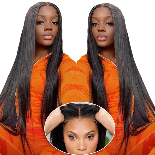 Miniatura 27 de mengkai Pelucas de cabello humano de 32 pulgadas con encaje frontal de 13x6, cabello humano predesplumado liso, peluca frontal de encaje HD