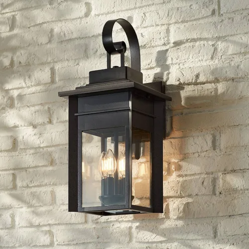 Miniatura 8 de Franklin Iron Works Bransford - Lámpara de pared rústica tradicional para exteriores, farol negro moteado gris, paneles de vidrio transparente de 17