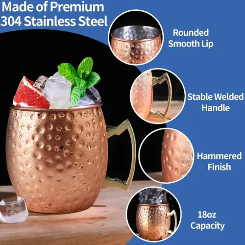 Miniatura 3 de LINALL Moscow Mule - Juego de 6 tazas de acero inoxidable chapadas en cobre de 18 onzas, para bebidas frías (paquete de 6)