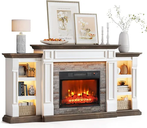 Miniatura 15 de LGHM - Soporte de TV para chimenea de 80", para televisores de hasta 90 pulgadas, chimenea eléctrica con repisa, centro de entretenimiento