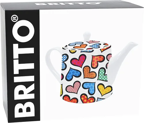 Miniatura 5 de Romero BRITTO - Olla de café y té de porcelana de hueso, 28.7 onzas, corazones, diseño de ilustraciones felices