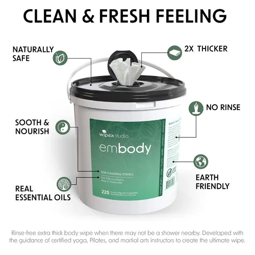 Miniatura 8 de Wipex Embody Body Wipes - Paño grande a base de plantas con aceite de árbol de té para una limpieza rápida, ideal para atletas, yoga, gimnasio