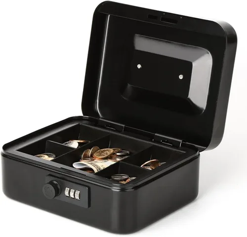 Miniatura 5 de Decaller Caja de dinero con cerradura de combinación, caja de seguridad de metal pequeña con bandeja de dinero, 7 4/5 x 6 4/5 x 3 3/5 pulgadas