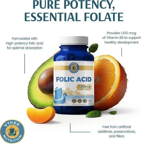Miniatura 7 de Vykee Nutrition Cápsulas de ácido fólico - Apoya los procesos corporales, la salud prenatal y la energía - Suplemento de vitamina B9 para mujeres