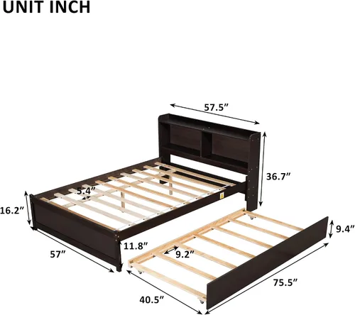 Miniatura 2 de Polibi Cama de plataforma de tamaño matrimonial con nido individual y estantería, cama de plataforma de almacenamiento de madera con cabecera