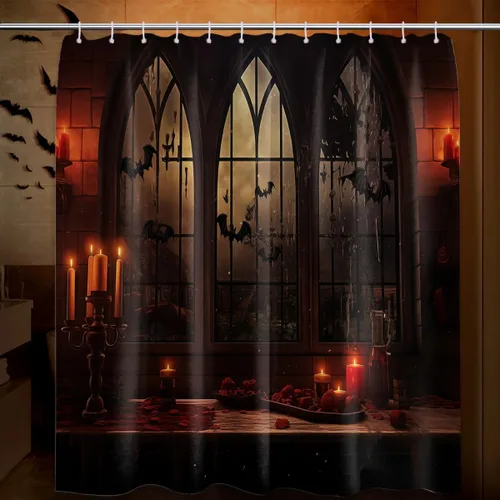 Miniatura 11 de Cortina de ducha de Halloween, diseño de mansión embrujada gótica espeluznante, juego de cortinas de baño de castillo de murciélago gótico Embrujado