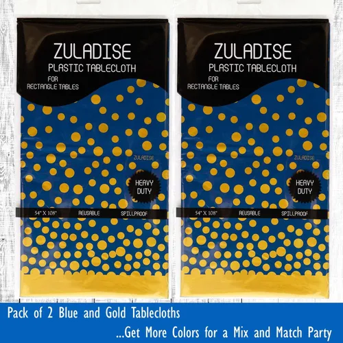Miniatura 6 de Paquete de 2 manteles de plástico azul y dorado de alta calidad, gruesos, duraderos, reutilizables (54 x 108 pulgadas), manteles desechables de Azul
