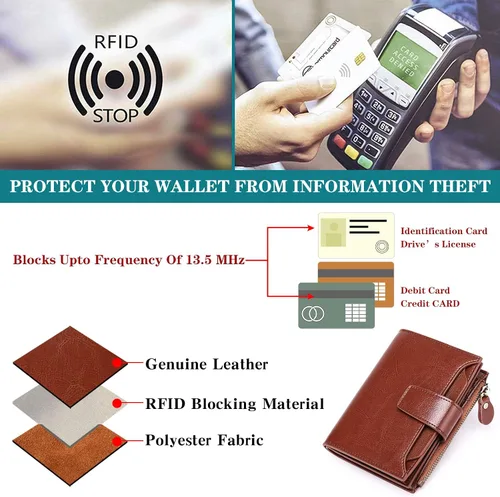 Miniatura 6 de FALAN MULE - Cartera de cuero auténtico para mujer pequeña plegable compacta con interferencia de radiofrecuencia RFID