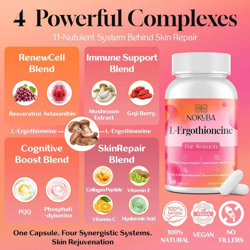 L-ergotioneína con péptidos de colágeno, ácido hialurónico | 2 veces antioxidante de glutatión | Suplemento de hongos 11 en 1 para mujeres | piel,