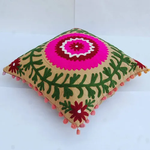 Miniatura 4 de Almohada tradicional Jaipur Boho Suzani, funda de cojín bordada de 16 x 16 pulgadas, funda de almohada decorativa, cojines indios con pompones