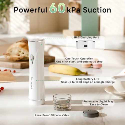 Miniatura 3 de Mehomeli Sellador al vacío compacto para alimentos (máquina selladora al vacío + 20 bolsas de vacío reutilizables), potente máquina selladora al