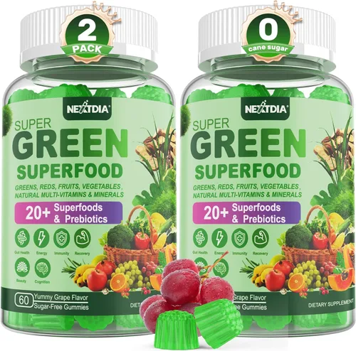 Gomitas Super Greens, Gomitas de fibra de superalimento verde diario con espirulina, clorela, prebiótico, probiótico, frutas y verduras, vitaminas y