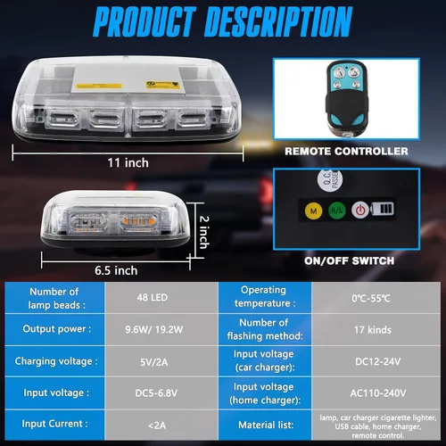 Miniatura 2 de Luz estroboscópica magnética de 48 LED, control remoto inalámbrico recargable, 17 modos de luz de baliza de techo, luces de seguridad