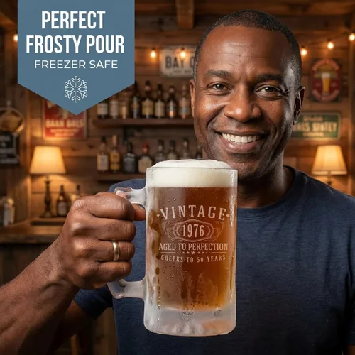Miniatura 4 de Taza de cerveza de vidrio grabada vintage de 16 onzas, regalos de feliz cumpleaños 50 para él, mujeres, hombres, saludos a convertirse en un hombre