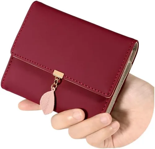 Miniatura 33 de UTO - Cartera pequeña RFID de piel sintética con dije de hoja, cierre de cremallera y tarjetero.