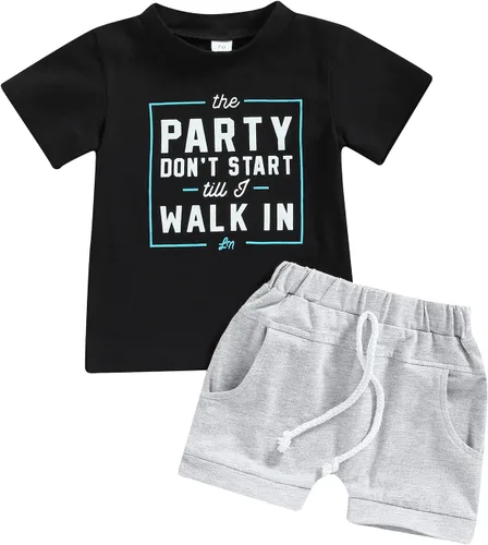 Miniatura 87 de Conjunto de traje de verano para bebé niño pequeño, manga corta, cuello redondo, letras impresas, lindo traje de verano, conjunto de 2 piezas