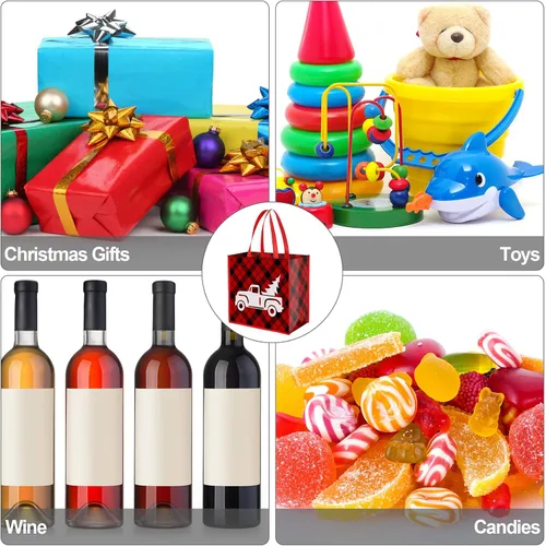 Miniatura 6 de Aneco 12 bolsas grandes reutilizables de Navidad rojas y negras no tejidas con asas, bolsas de regalo para suministros de fiesta, 14 x 13.8 x 7.5