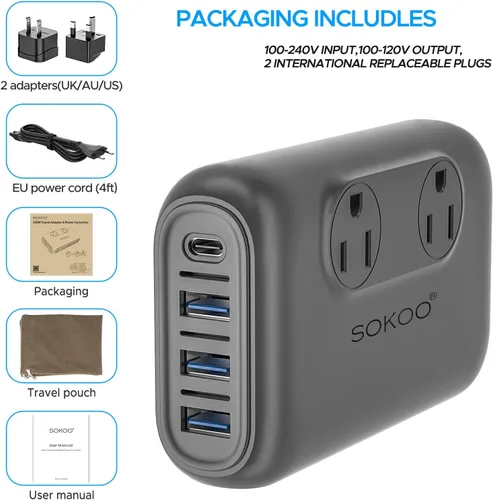 Miniatura 6 de SOKOO Convertidor de voltaje de 220 V a 110 V, adaptador de viaje universal internacional, 4 puertos USB (1 USB C) convertidor de corriente reductor