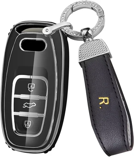 Miniatura 14 de ontto Funda para llavero compatible con Audi Q5 SQ5 Q3 Q7 Q8 A3 A4 A5 A6 A7 llavero remoto sin llave, carcasa brillante con borde plateado negro