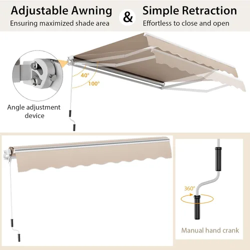 Miniatura 6 de Tangkula - Toldo retráctil de 10 pies x 8.2 pies, toldo de aluminio para patio con mango de manivela y poliéster resistente al agua, toldo retráctil