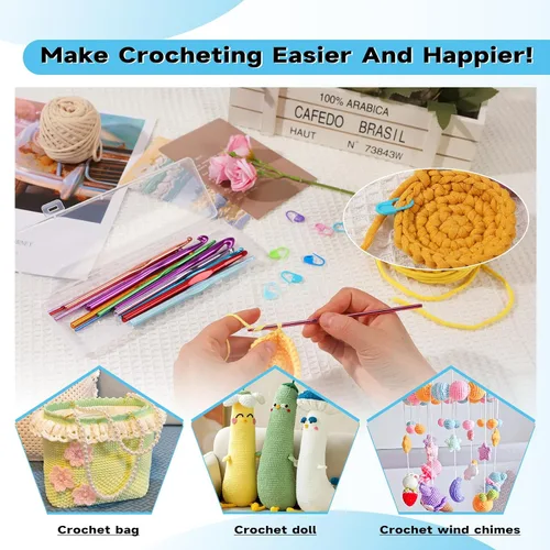 Miniatura 6 de Mayboos Juego de 35 ganchos de ganchillo, mango ergonómico de aluminio coloreado, agujas de tejer de ganchillo para hilo artesanal
