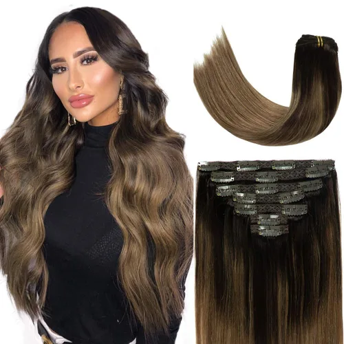 Miniatura 78 de Loxxy Extensiones de cabello humano con clip, sin costuras, 22 pulgadas, color marrón oscuro a castaño oscuro y marrón oscuro, 7 piezas