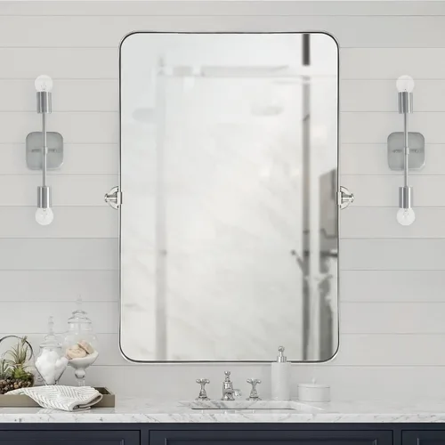Miniatura 7 de TEEBARN Espejo de baño rectangular pivotante con marco de níquel cepillado de 20 x 30 pulgadas, espejo de tocador rectangular redondeado inclinable
