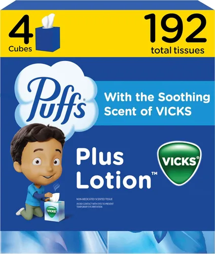 Puffs Plus Loción con pañuelos faciales Vicks, 4 cajas, 48 pañuelos por caja (192 pañuelos)