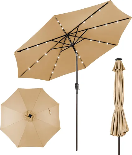 Giantex Sombrilla de patio al aire libre de 9 pies/10 pies con luces solares, sombrilla de mercado de mesa con manivela y sistema de inclinación de